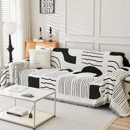 Boho Chenille Couch Cover with Tassels, Bohemian Sofa Cover for 3 Cushion Couch, L-Shaped Sectional, Loveseat, 2/3/4 Seater (71" x 134", Black)