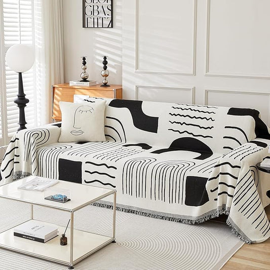 Boho Chenille Couch Cover with Tassels, Bohemian Sofa Cover for 3 Cushion Couch, L-Shaped Sectional, Loveseat, 2/3/4 Seater (71" x 134", Black)