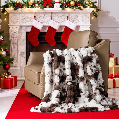 Lotus Karen Faux Fur Throw Blanket Cow Print-Dark Brown, Fluffy Fuzzy Plush Bubble Blanket for Couch, 80x60 Inches Cozy Shaggy Rabbit Blanket, Luxury Decorative Gifts for Sofa Bedroom Living Room.