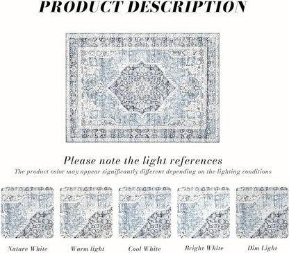Area Rug 4×6, Vintage Boho Rug,Ultra-Soft Low Pile, Washable, Non Slip,Stain Resistant Printed Carpet for Living Room Bedrooms Playroom Office Kitchen, Light Blue