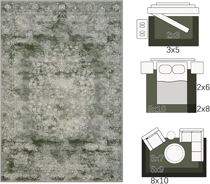 jinchan Green Floral 3x5 Area Rugs for Entryway - Machine Washable Vintage Distressed Design Low-Pile Soft Non-Shedding Christmas Carpet for Kitchen Bedside Laundry Living Room (3x5ft, Forest Green)