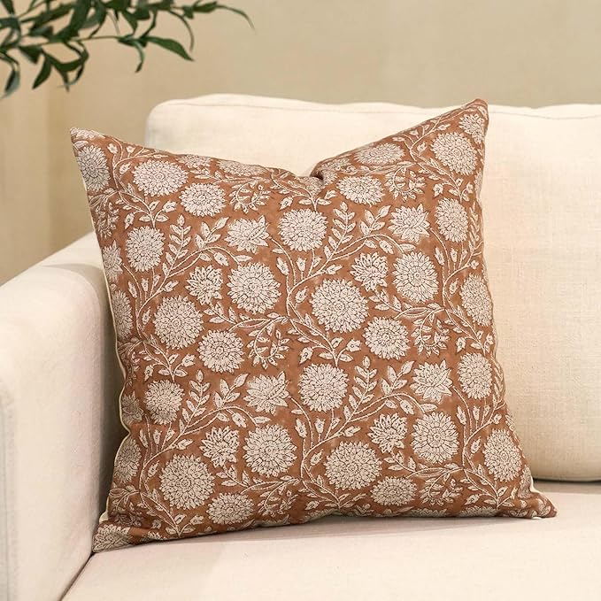 Amor Virisso Floral Throw Pillow Covers 20x20 Block Print Pillow Covers Vintage Neutral Couch Pillows for Living Room Farmhouse Decorative Accent Sofa Pillows, Brownish Orange
