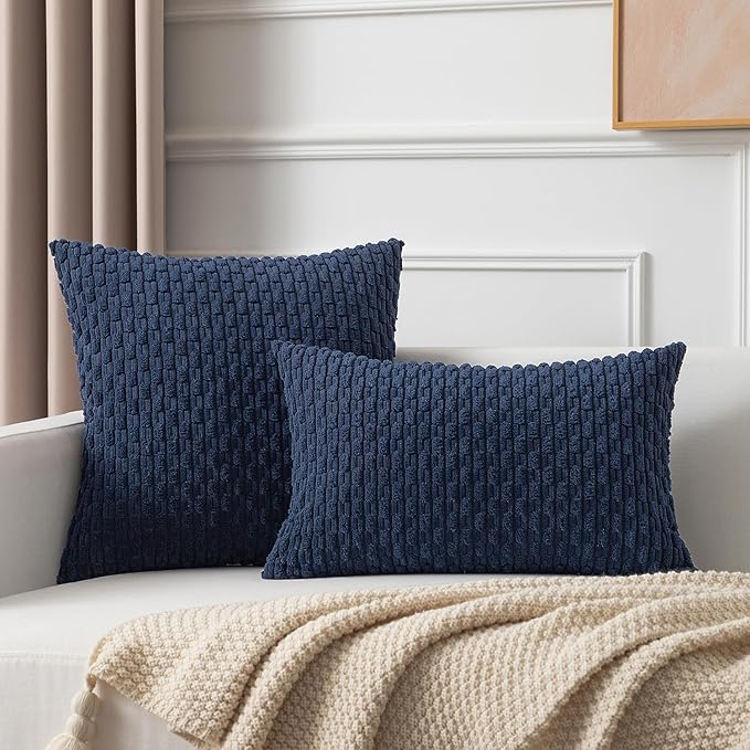 Kevin Textile 12x20 Inch Pillow Cover 1 Pack Boho Decorative Soft Striped Corduroy Lumbar Farmhouse Color Accent Rectangle Cushion Case for Living Room Couch Sofa Bed, Navy Blue