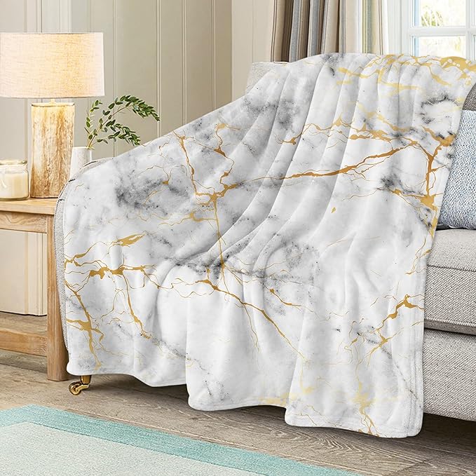 Gold Marble Throw Blanket for Couch, Super Soft Fuzzy Throws Warm Comfortable Plush Fleece Blanket, Fashion Decorative Flannel Fleece Blanket for All Season(50 x 60 in, Gold Marble)