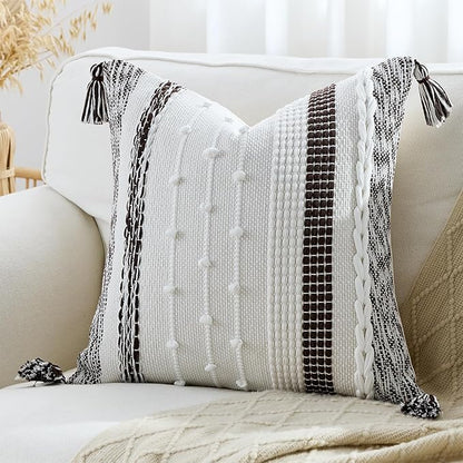 Boho Pillow Cover 18x18 Chocolate Brown - Handmade Woven Textured Throw Pillow Case with Cordings & Tassels, Decorative Accent for Couch Sofa Farmhouse Living Room Home Decor