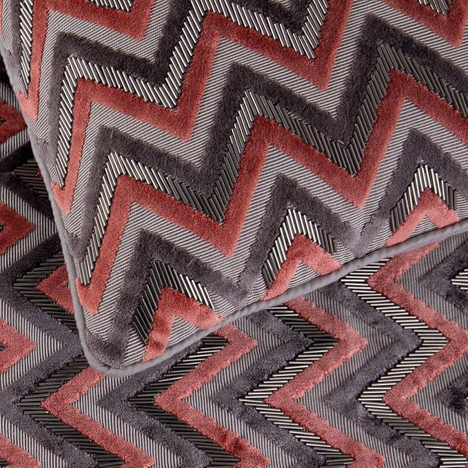 The HomeCentric Grey Bed Runner Without Pillow Cover, Queen Size 74"x18" Decorative Bed Runner, Peach & Grey Velvet Bed Scarf in Bead Embroidery - Blushed Chevron