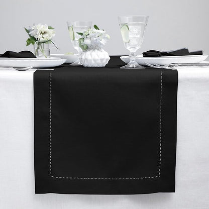 Solino Home Linen Black Table Runner 120 Inches Long - 100% Pure Linen 14 x 120 Inch Table Runner for Holiday, Christmas, New Year - Classic Hemstitch