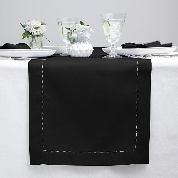 Solino Home Linen Black Table Runner 156 Inches Long - 100% Pure Linen Extra Long Table Runner 14 x 156 Inch for Christmas, New Year - Classic Hemstitch
