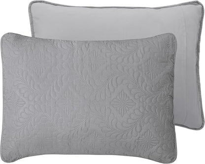Easy-Going Twin Size Reversible Quilt Set with 1 Quilt and 1 Pillow Sham, Soft Bed Quilt Cover, Water Resistant Lightweight Microfiber Bedspread, Stain Resistant, Olive Leaf-Light Gray/Ivory