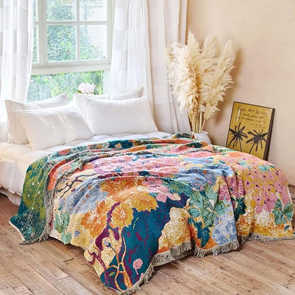 MSGKV Boho Throw Blanket for Couch 50"x60" Cotton Floral Blankets for Sofa Chair All Seasons Lightweight Muslin Breathable Farmhouse Home Decor