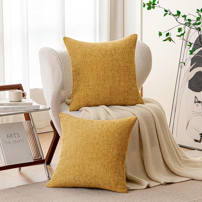 a moment Fall Mustard Yellow Chenille Throw Pillow Covers 16x16 Inch Pack of 2 Modern Decorative Throw Pillow Covers Farmhouse Cross Covers Home Decor for Sofa Bedroom Living Room