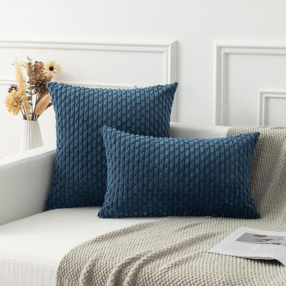 Kevin Textile 12x20 Inch Pillow Cover 1 Pack Boho Decorative Soft Striped Corduroy Lumbar Farmhouse Solid Color Accent Rectangle Cushion Case for Living Room Couch Sofa Bed, Blue
