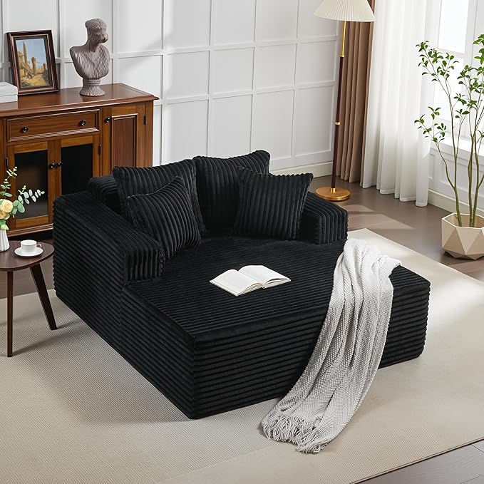 61" Oversized Chaise Lounge Chair Indoor, Boneless Couch Cloud Fluffy Chaise Lounges Corduroy Upholstered Sofa Bed w/Throw Pillows for Living Room Home Black