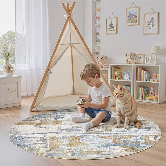 Abstract Living Room Rug 6x6 - Modern Washable Soft Thin Area Rug for Living Room Bedroom Under Dining Table - Neutral Indoor Floor Rug Carpets for Home Office Playroom Nursery - Blue Gold