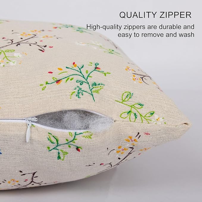 Spring Flower Lumbar Throw Pillow Cover 12x 20 Set of 2, Embroidered Branch Farmhouse Neutral Linen Pillow Cushion Cases, Decorative Pillows for Bed, Outdoor Couch Bedroom Car Green