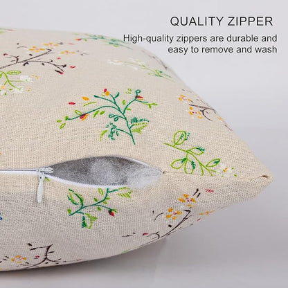 Spring Flower Lumbar Throw Pillow Cover 12x 20 Set of 2, Embroidered Branch Farmhouse Neutral Linen Pillow Cushion Cases, Decorative Pillows for Bed, Outdoor Couch Bedroom Car Green