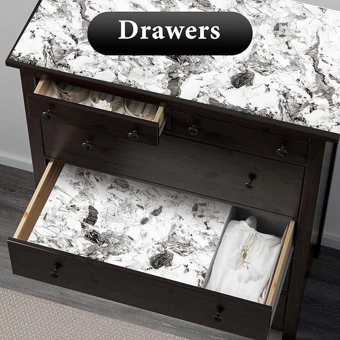 Drawer and Shelf Liner for Kitchen Cabinet: 23.6 in X 20 Ft Non Slip Waterproof Shelf Paper Non Adhesive Refrigerator Liners Grey and White Marble Easy Liners for Bathroom with Knife Tape Measure