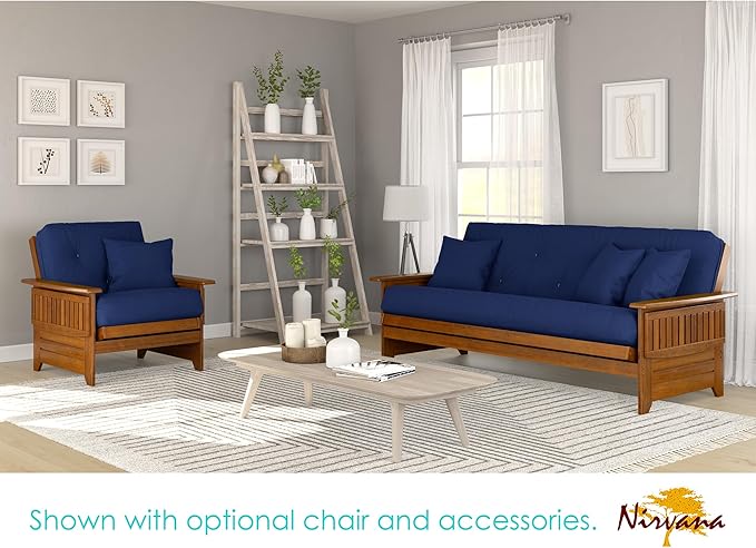 Nirvana Futons Brentwood Tray Arm Futon Sofabed Set - Full Frame, 8" Royal Blue Mattress, Rich Heritage Finish