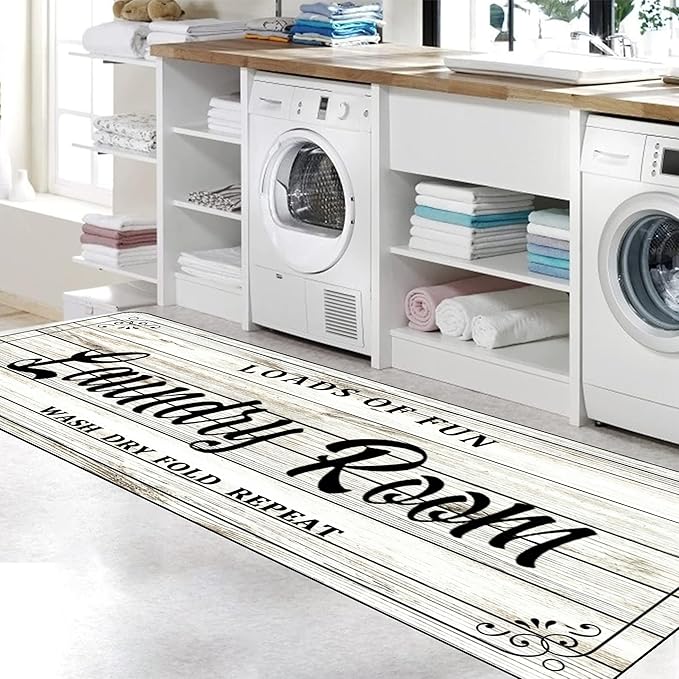 Laundry Room Rug Non Slip Floor mats Farmhouse Large Laundry Rugs for Laundry Runner Room Mat Washer and Dryer Carpet Laundry Room Decor 20x59inch(White)