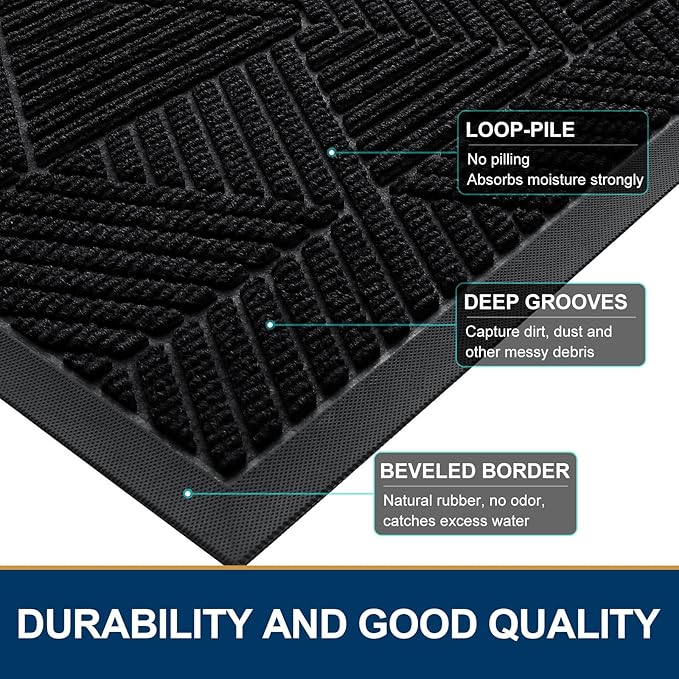 Smiry Front Door Mat Outside Entrance, Heavy Duty Sturdy Natural Rubber Doormat, Trap Dirt and Moisture, Easy Clean Low Profile Mats for Indoor Outdoor Entry, Irregular Triangle (71x24, Black)
