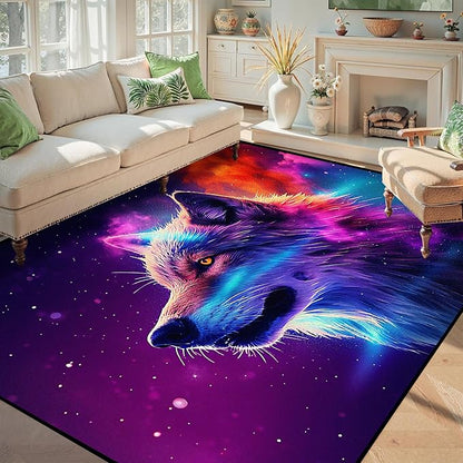 5' X 7' Galaxy Wolf Rug 3D Fierce Wolves Area Rugs for Bedroom Living Room Playroom Gameroom Boys Kids Colorful Glitter Throw Rugs Floor Mat Carpet
