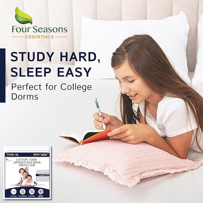 Twin Extra Long (XL) Mattress Protector - Zippered Waterproof Mattress Cover - Deep Pocket Encasement with Cotton Terry Top