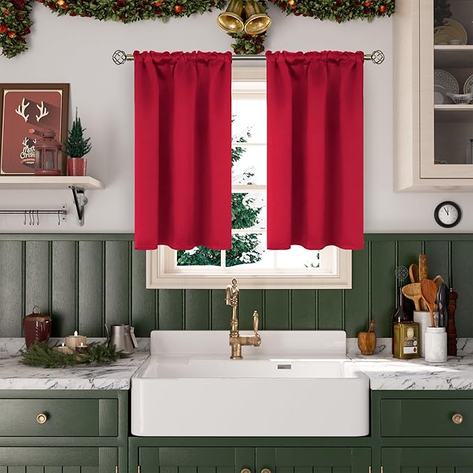 BGment Short Red Blackout Curtains 45 Inches Length for Bedroom- Rod Pocket Thermal Insulated Room Darkening Drapes Christmas Decor for Cafe Kitchen Bathroom Window, 42 x 45 Inch, 2 Panels