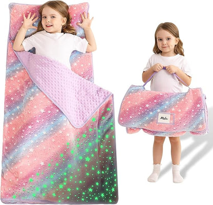 Toddler Nap Mat with Pillow and Blanket, Extra Large Rolled Napping Mats,Slumber Bags for Boys Girls,Kids Sleeping Bag for Daycare, Preschool Travel Camping