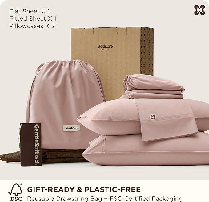 Bedsure Cooling Sheets, Rayon Derived from Bamboo & Cotton Blend, GentleSoft, Breathable, Queen Sheet Set, Deep Pocket Up to 18 Inches, Hotel Luxury Bedding for Hot Sleepers, Rose Pink