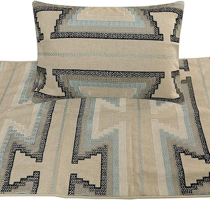 The HomeCentric King Queen Twin Blue & Ivory Luxury CA King 86"x18" Bed Runner with Pillow Cover, Embroidered Bed Scarf on Cotton Fabric - Aztec Armour