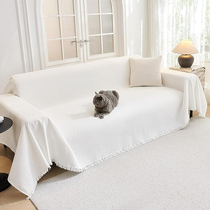 MYSKY HOME Sofa Covers for 2 Cushion Couch L Shaped Couch Cover Washable Couch Cover with Tassels Boho Couch Cover Non Slip Super Universal Soft Sofa Slipcover for Kids, Dogs, Pets, 71"x118", White