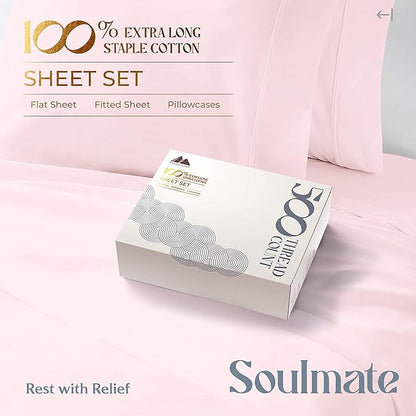 Mayfair Linen 100% Cotton Bed Sheets Queen Set - 500 Thread Count Cotton Sheets for Queen Size Bed, 4 PC Set (Blush), Ultra Soft, Cooling, Sateen Weave 16" Deep Pocket Bedsheet for Hot Sleepers