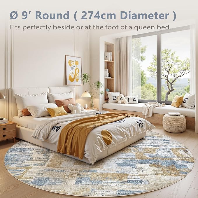 Abstract Living Room Rug 9x9 - Modern Washable Soft Thin Area Rug for Living Room Bedroom Under Dining Table - Neutral Indoor Floor Rug Carpets for Home Office Playroom Nursery - Blue Gold