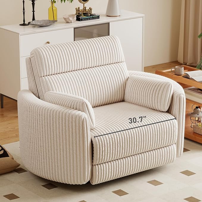 Bonzy Home Oversized Electric Recliner Chair for Adults with Extra-Wide Seat Cushion, Overstuffed Corduroy Power Recliner, Modern Round Single Sofa with 2 Pillows for Living Room, Bedroom, Beige