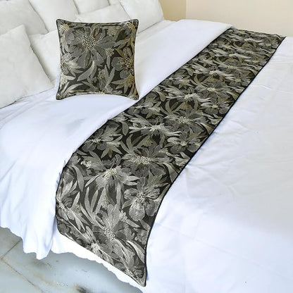 The HomeCentric King/Queen/Twin Grey Decorative Bed Runner King 90"x18" Bed Runner with Two Pillow Cover, Embroidery, Floral, Pearl Bed Scarf on Jacquard Fabric - Liana