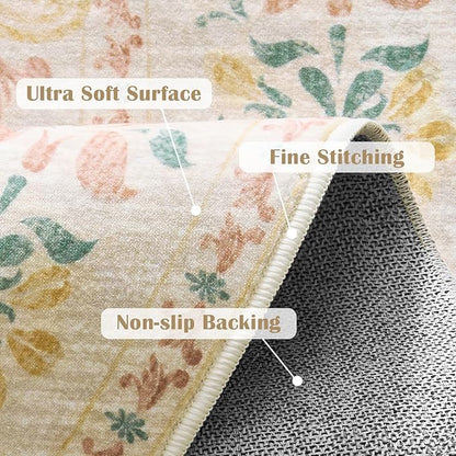 jinchan Round Rug 5ft Area Rugs Vintage Floral Distressed Design, Machine Washable Soft Non-Slip Low-Pile Ultra-Thin Circle Rug for Entryway Living Room Dining Room Bedroom (5' Round, Apricot Multi)