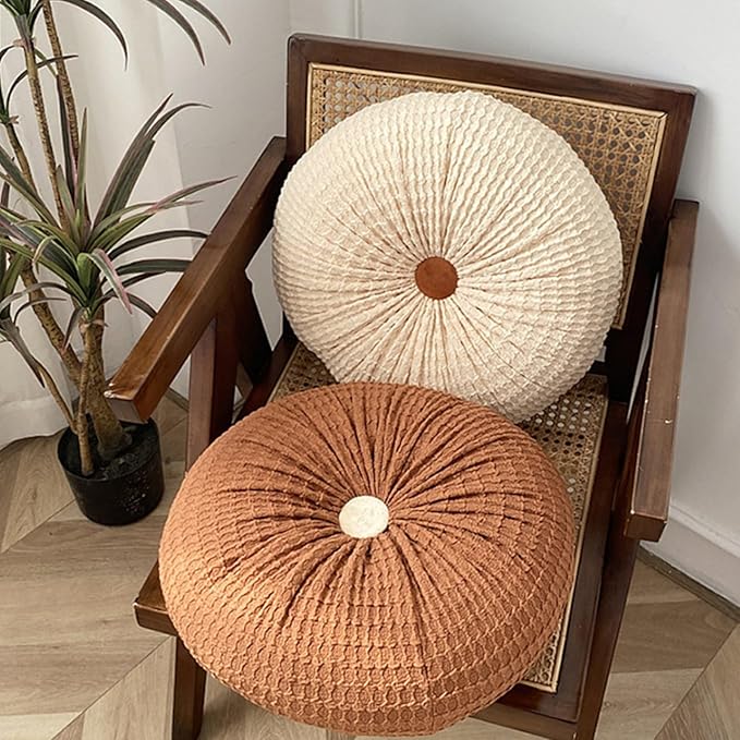 Round Throw Pillow, 15" Velvet Decorative Pleated Pumpkin Round Pillow Cushion Floor Pillows for Sofa Couch Bed Chair Living Room Floor Car Decorations, Brown