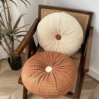 Round Throw Pillow, 15" Velvet Decorative Pleated Pumpkin Round Pillow Cushion Floor Pillows for Sofa Couch Bed Chair Living Room Floor Car Decorations, Brown