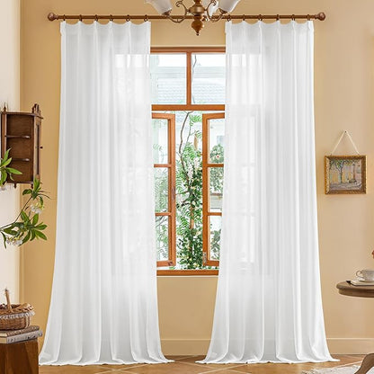 MAIHER White Pinch Pleat Curtains 108 Inches Long for Living Room Sheer Pleated Drapes with Ajustable Hooks Light Filtering Lightweight 9ft Curtains for Bedroom, White, 42" W x 108" L, 2 Panels