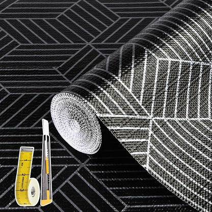 Shelf Liners for Kitchen Cabinets 12in x 20FT, Non Adhesive Cabinet Liner Strong Non-Slip Black and Silver Geometric Drawer Liner, Easy to Clean for Shelf, Cabinet with Knife and Tape Measure
