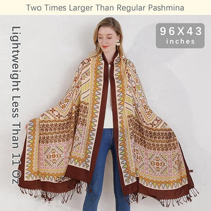 DANA XU 100% Merino Wool Pashmina Shawl for Women 96"x43", Oversized Cashmere Wrap with Tassels, Floral Travel Blanket Cape