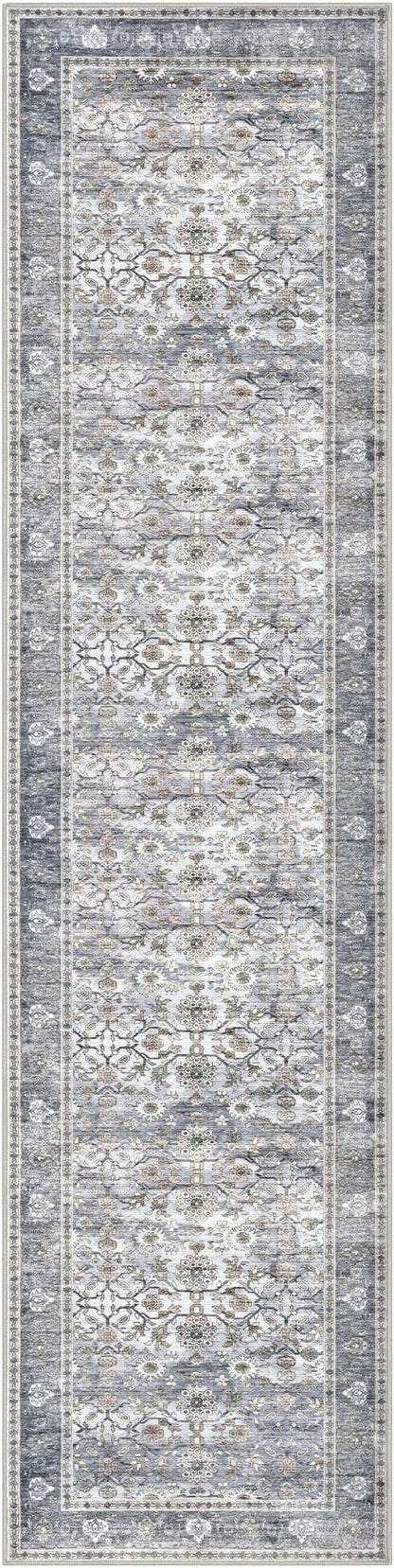 KUTA Vintage Floral Washable Hallway Runner, 2x8 Runners for Hallways Non-Slip Kitchen Rugs Grey Blue Ultra Thin Soft Printed Distressed Oriental Floor Carpet for Laundry Bedroom Living Room Nursery