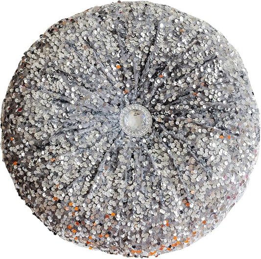 Round Throw Pillow, 13.7" Soft Glitter Sequin Pleated Pumpkin Decorative Round Pillow Circle Floor Pillow Cushions for Sofa Bed Chair Living Room Floor Home Decoration, Silver