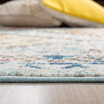 SAFAVIEH Madison Collection Area Rug - 3' Square, Blue & Yellow, Boho Diamond Distressed Design, Non-Shedding & Easy Care, Ideal for High Traffic Areas in Living Room, Bedroom (MAD418K)