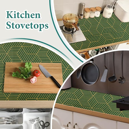 Shelf Liners for Kitchen Cabinets 12in x 20FT, Non Adhesive Cabinet Liner Strong Non-Slip Thickened Gold Green Geometric Drawer Liner, Easy to Clean for Shelf, Cabinet with Knife and Tape Measure