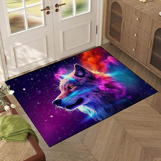 Galaxy Wolf Rug 3D Fierce Wolves Area Rugs for Bedroom Living Room Playroom Gameroom Boys Kids Colorful Glitter Throw Rugs Floor Mat Carpet 63 in x 31 in