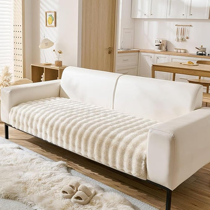 Faux Fur Couch Cover Fuzzy Soft Plush Thick Bubble Sofa Cover Luxury Sectional Couch Covers Luxury Anti-Slip Sofa Slipcover Washable Furniture Protector (Ivory,36"x94")