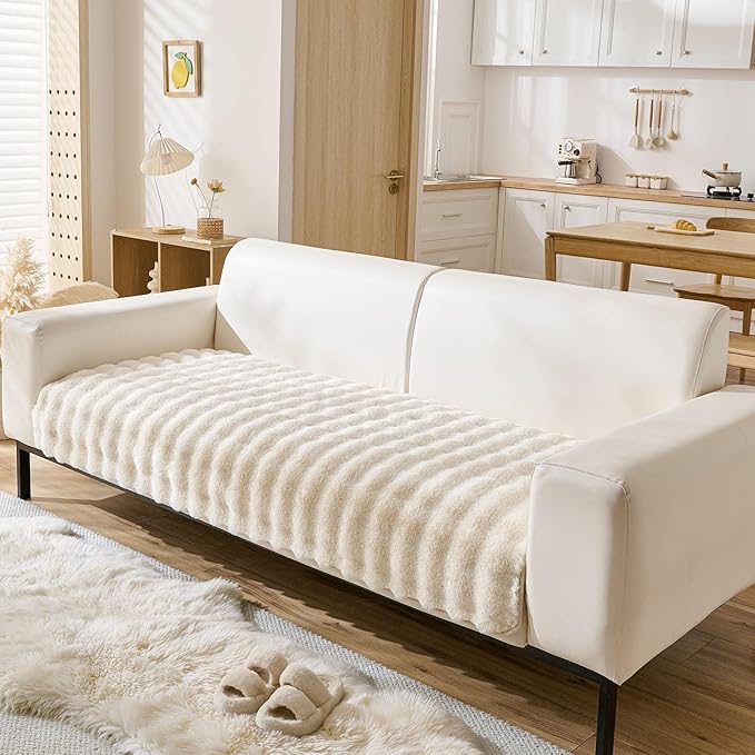 Faux Fur Couch Cover Fuzzy Soft Plush Thick Bubble Sofa Cover Luxury Sectional Couch Covers Luxury Anti-Slip Sofa Slipcover Washable Furniture Protector (Ivory,28"x47")