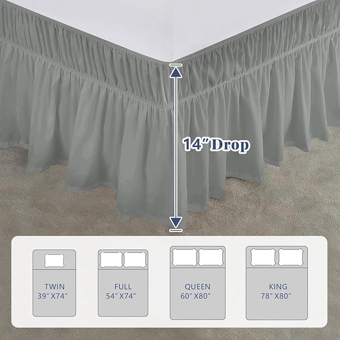 Full Bed Skirt, Elastic Wrap Around Bed Skirt Full Size, Bed Skirts for Adjustable Bed, Easy Fit with 14" Drop Length Tailored Drop Dust Ruffle (Grey)