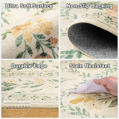 Area Rugs 9x12 Living Room: Floral Washable Rug Vintage Large Soft Boho Non-Slip Carpet Indoor Floor Stain Resistant Low Pile Carpets for Bedroom Dining Room Farmhouse Nursery Home Office Beige/Multi